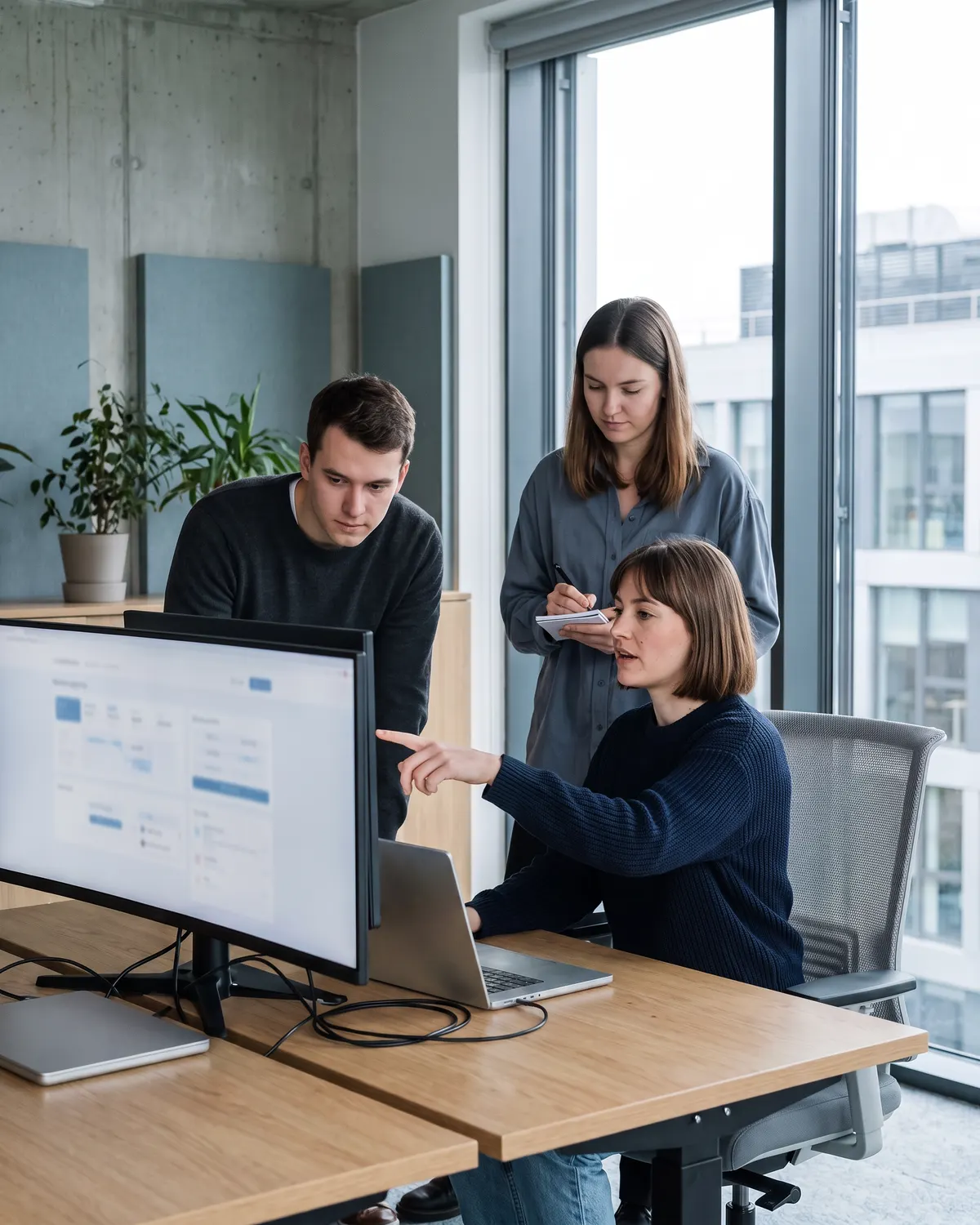 Software team reviewing an enterprise workflow in a modern office