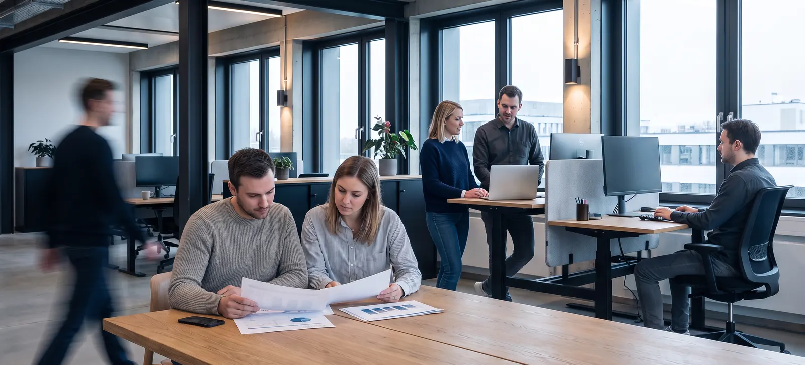 Colleagues collaborating in a modern Central European software office